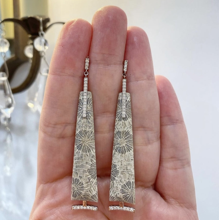 Fossilized Coral and Diamond Dangle Earrings
