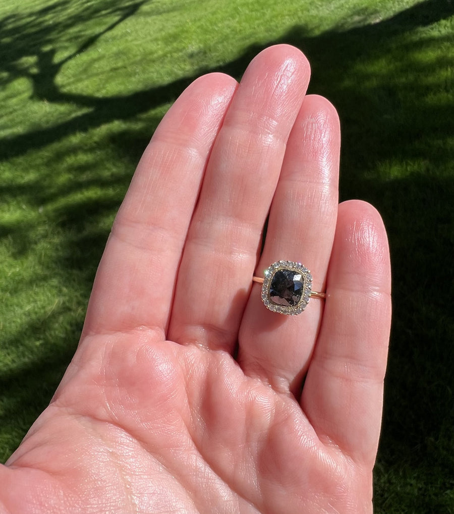 Black Diamond Ring with Diamond Scalloped Halo