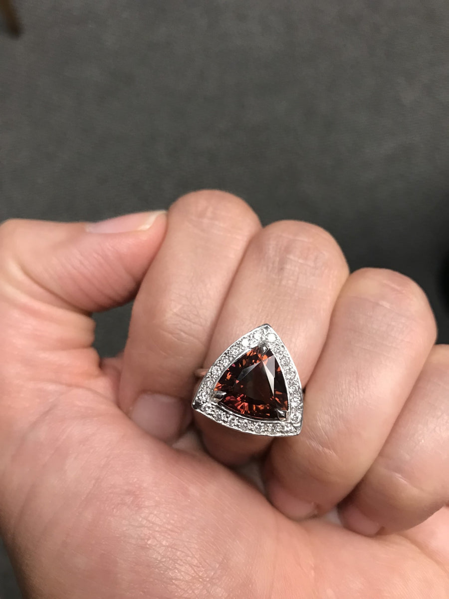 Rubellite and Diamond Trillion Halo Ring