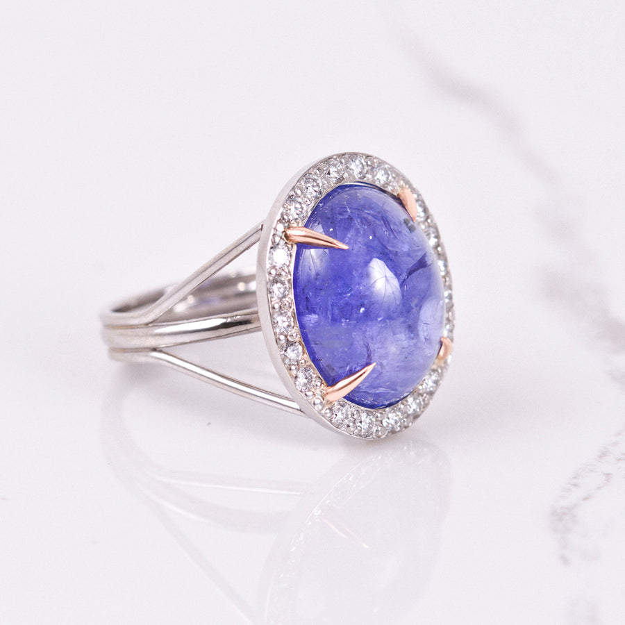 tanzanite and diamond ring in white and rose gold