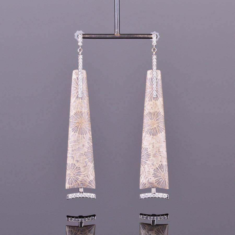 fossilized coral and diamond dangle earrings