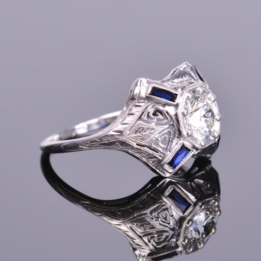 Old European Diamond and Sapphire Antique Art Deco Ring  (Estate)