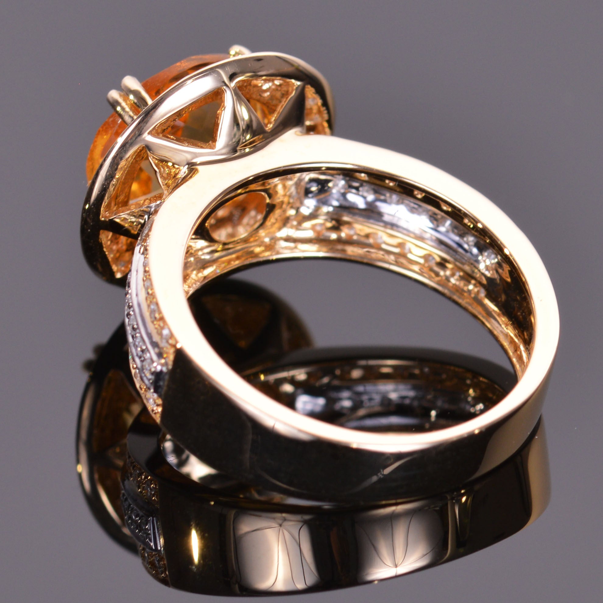 round golden citrine and diamond ring in yellow and white gold