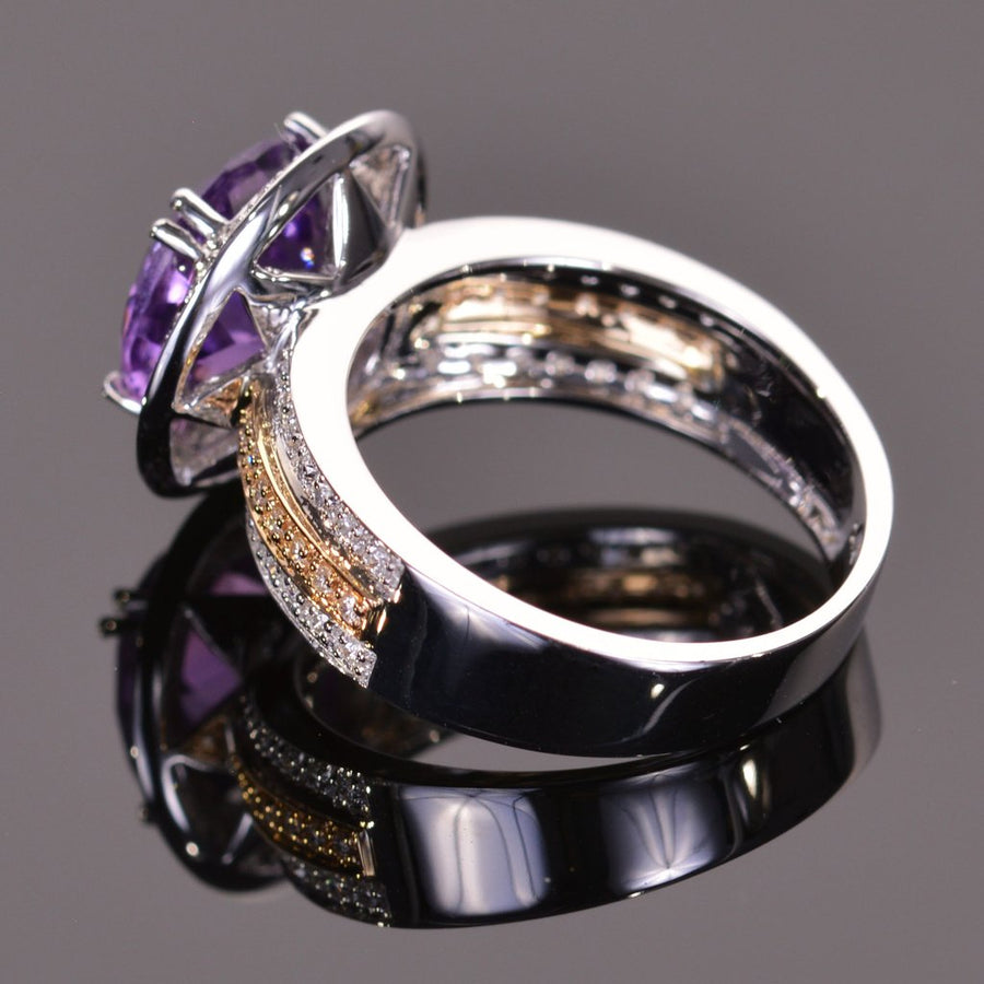 round amethyst and diamond ring in 14k yellow and white gold