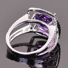 cushion amethyst ring with diamond double halo in white gold.