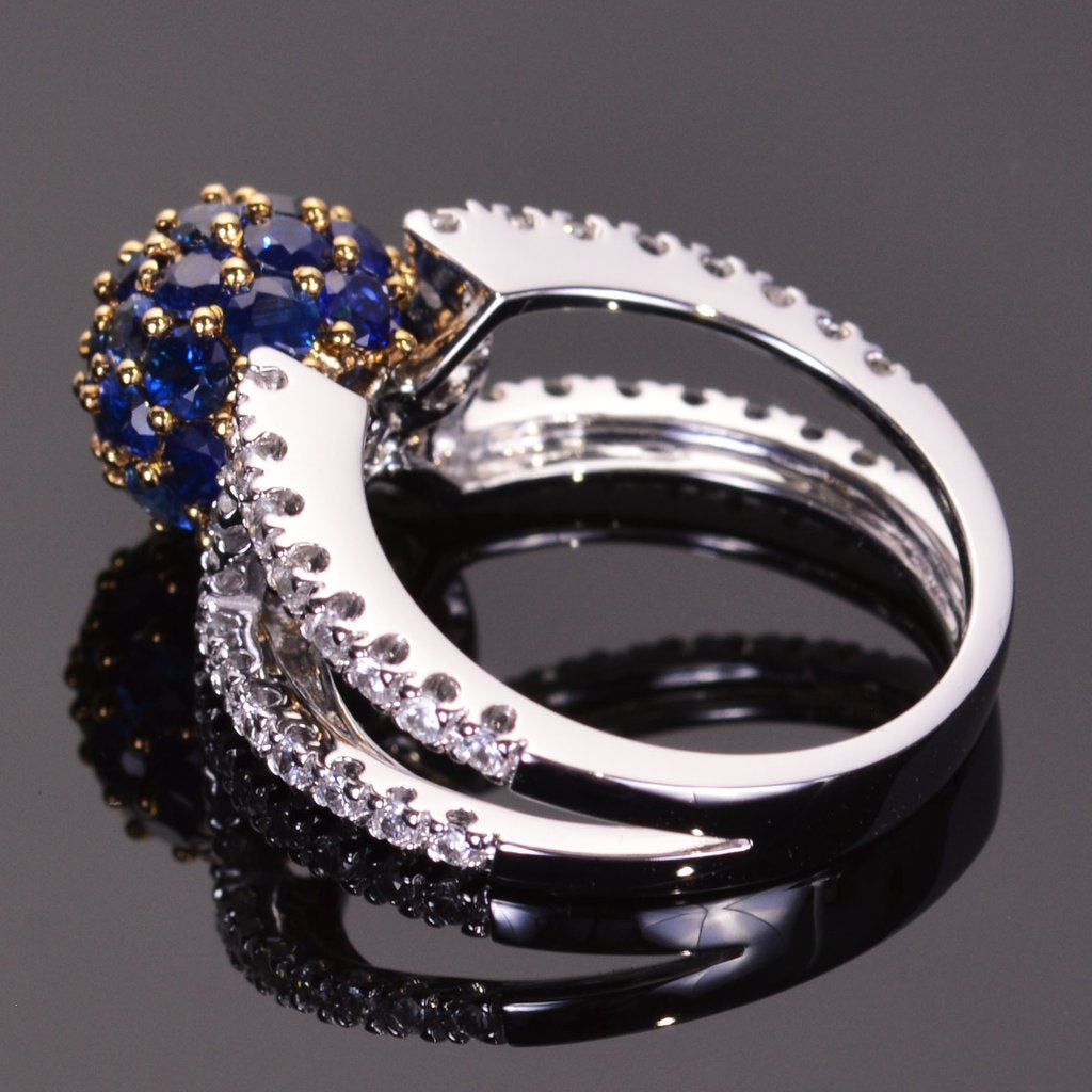 Blue sapphire sphere ring with white sapphire band in white gold
