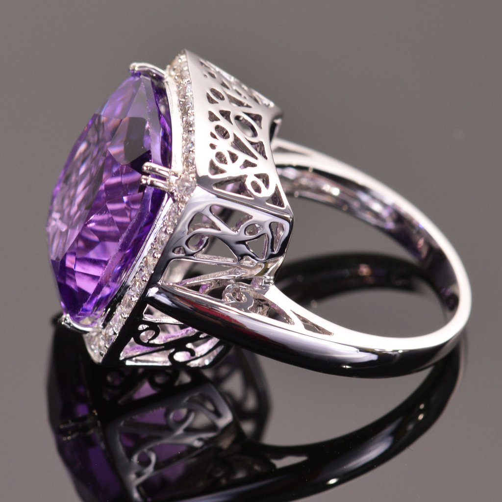 cushion amethyst ring with sapphire halo in white gold