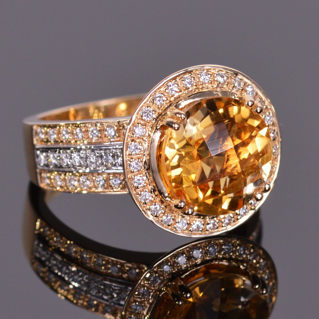 round golden citrine and diamond ring in yellow and white gold