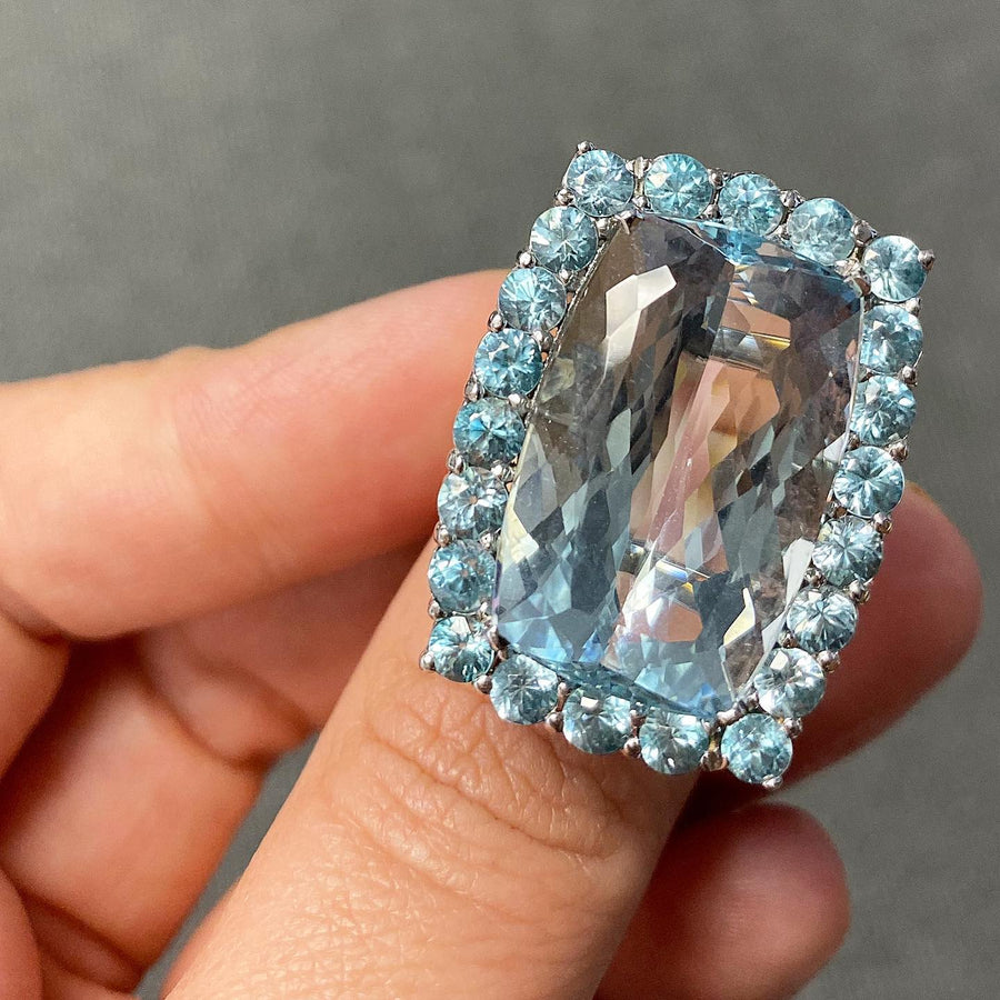 Aquamarine and Blue Zircon Halo Ring with Diamonds