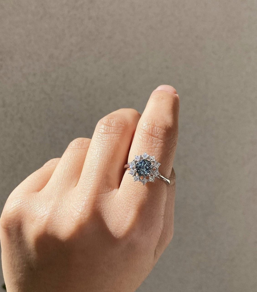 Montana Sapphire Ring with Princess Diamond Halo