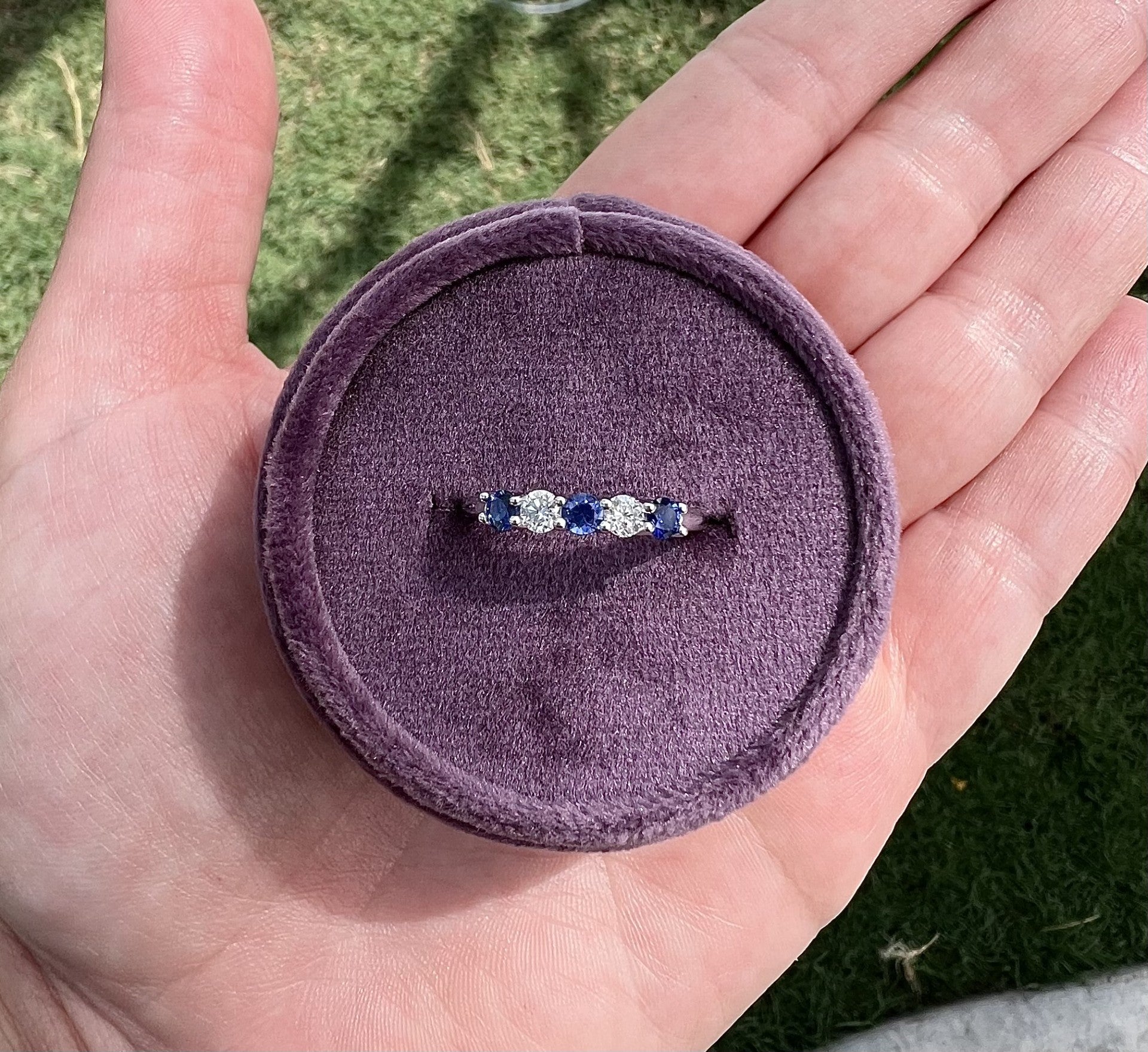 Five stone alternating blue sapphire and diamond ring band set in 14k white gold 