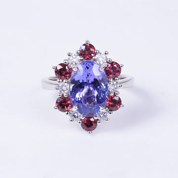 Tanzanite Ring with Rhodolite Garnet and Diamond Halo