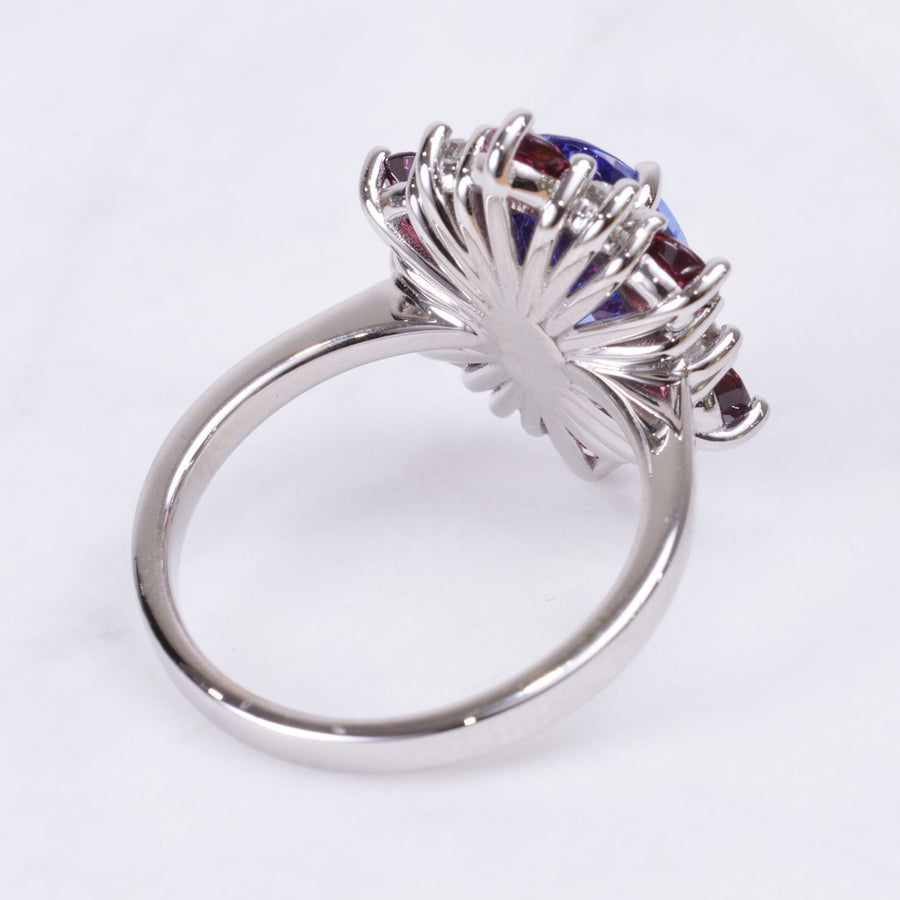 Tanzanite Ring with Rhodolite Garnet and Diamond Halo