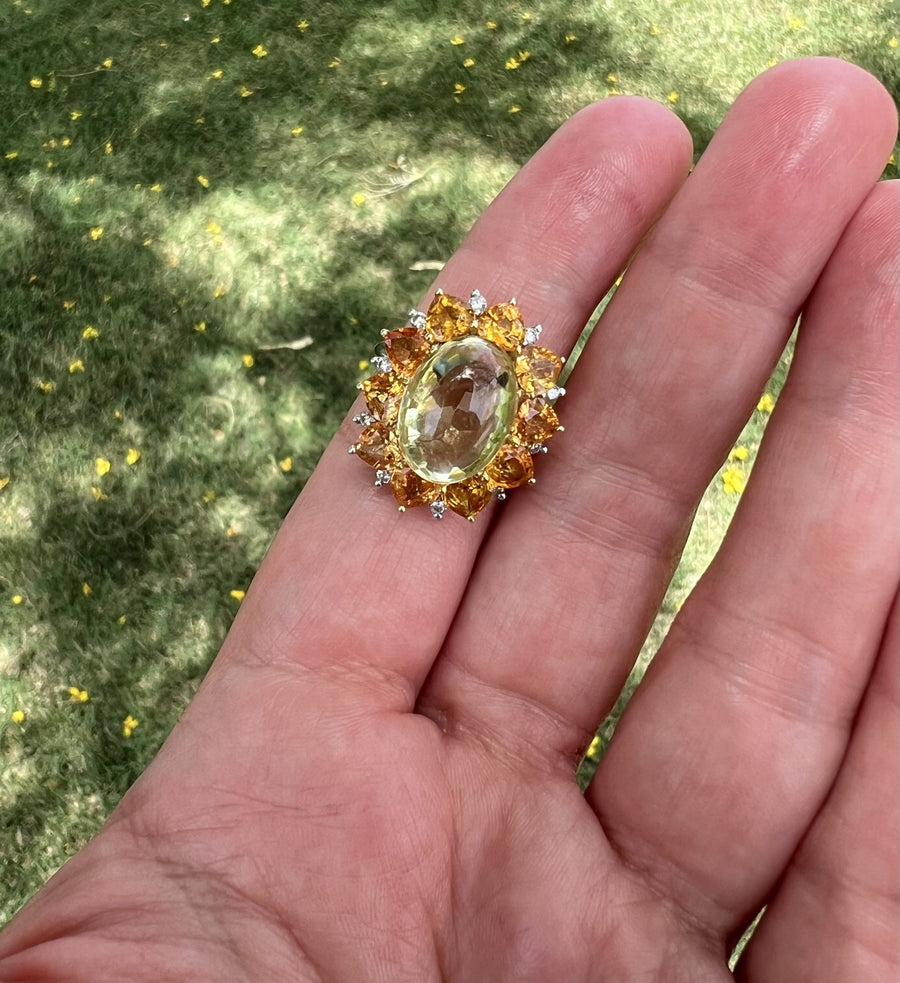 Sapphire Quartz and Diamond Sun Burst Ring