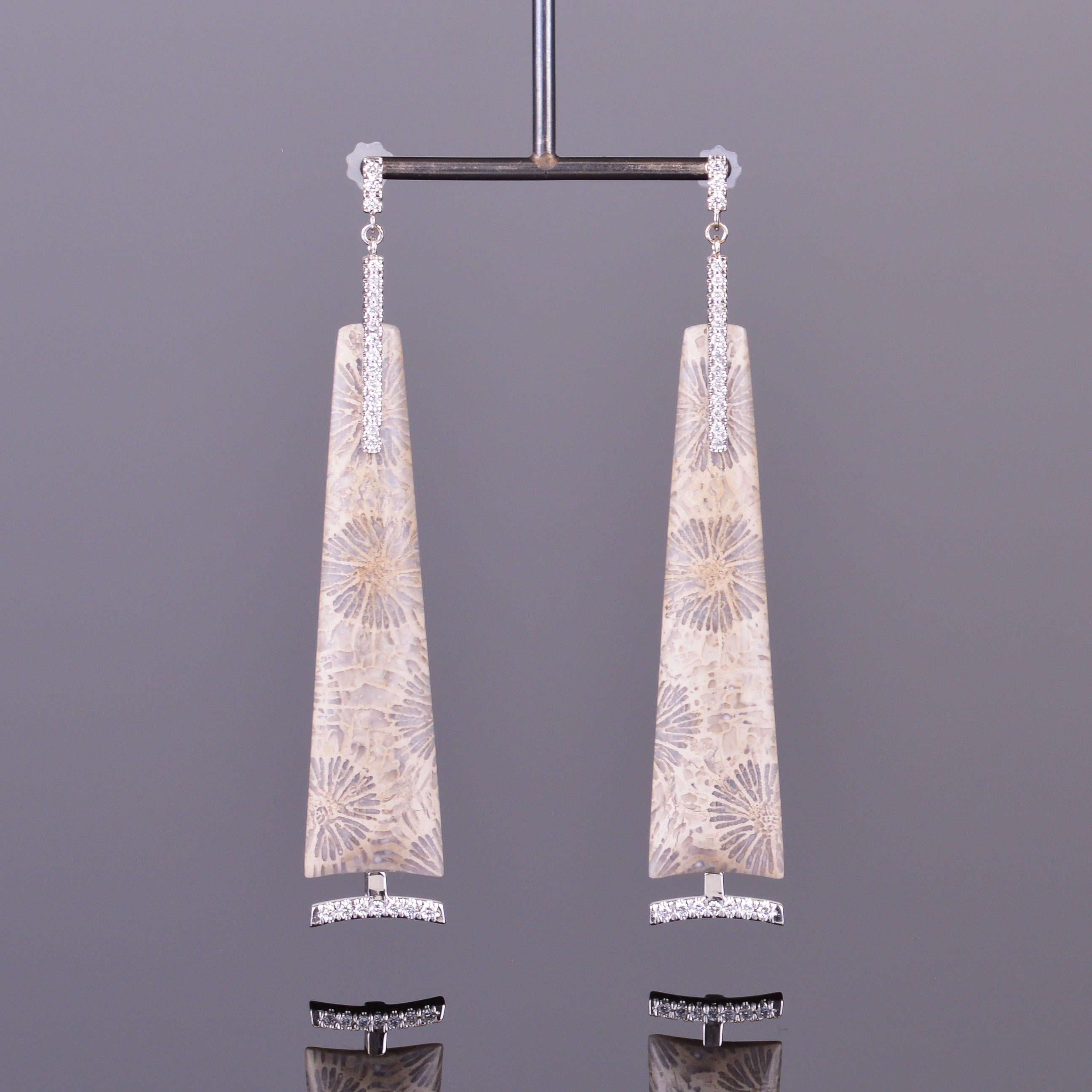 fossilized coral and diamond dangle earrings