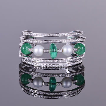 Pearl, Emerald, and  Diamond Cuff Bracelet (Estate)