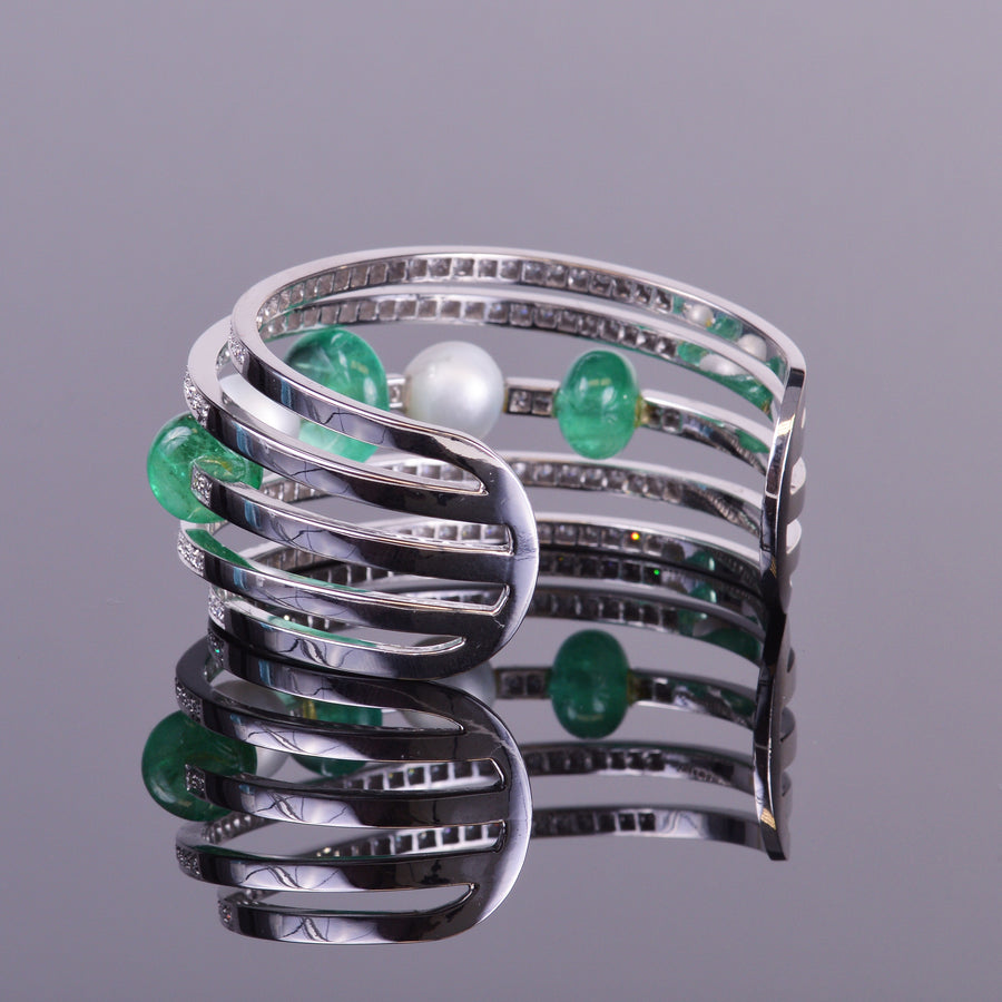 Pearl, Emerald, and  Diamond Cuff Bracelet (Estate)