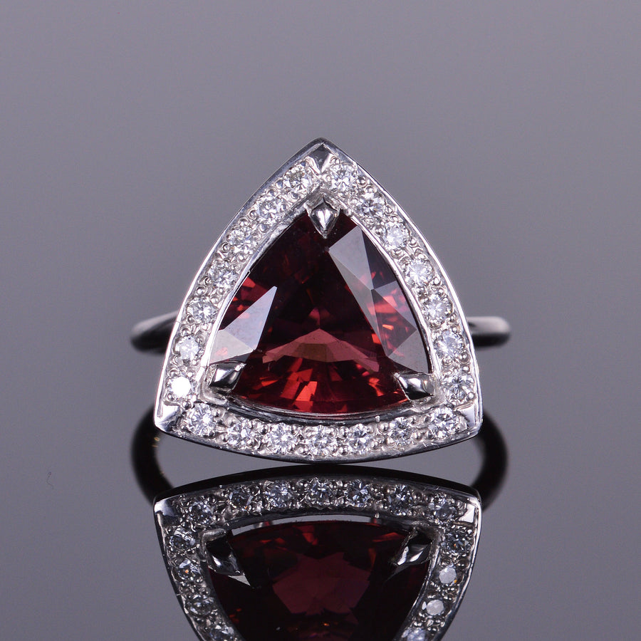 Rubellite and Diamond Trillion Halo Ring