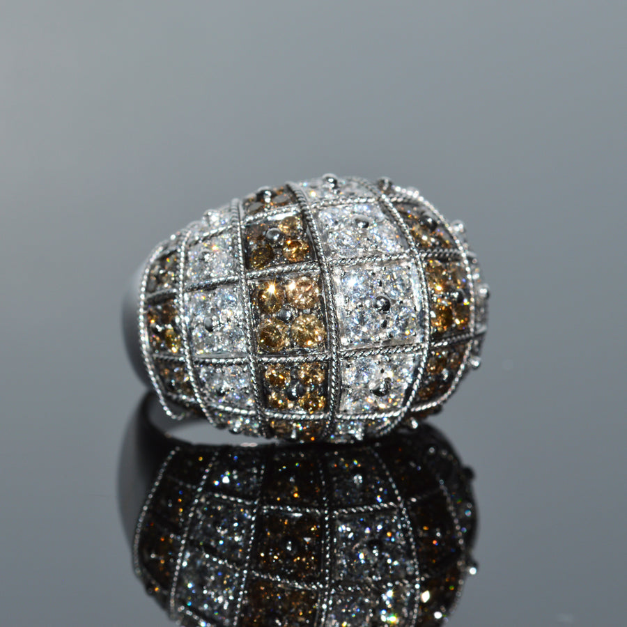 Two Tone White and Cognac Diamond Dome Cocktail Ring