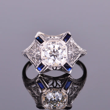 Old European Diamond and Sapphire Antique Art Deco Ring  (Estate)