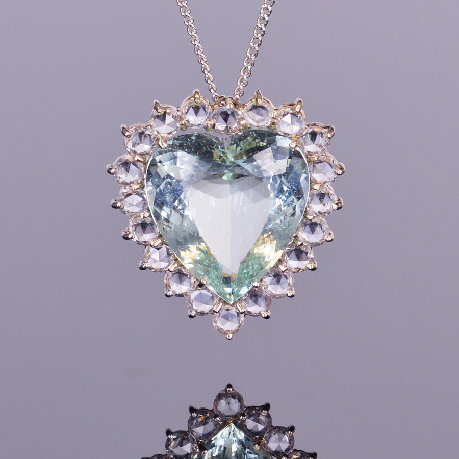 Green Beryl Heart Pendant with White Sapphire Halo