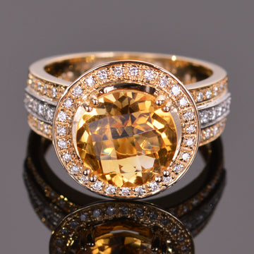 round golden citrine and diamond ring in yellow and white gold