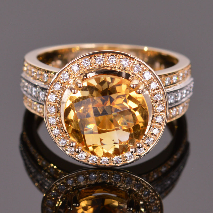 round golden citrine and diamond ring in yellow and white gold