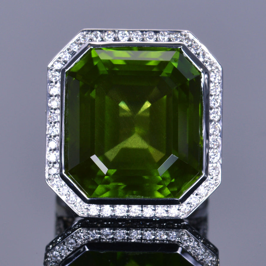 LXV 43.81 Carat Peridot and Diamond Leo Ring