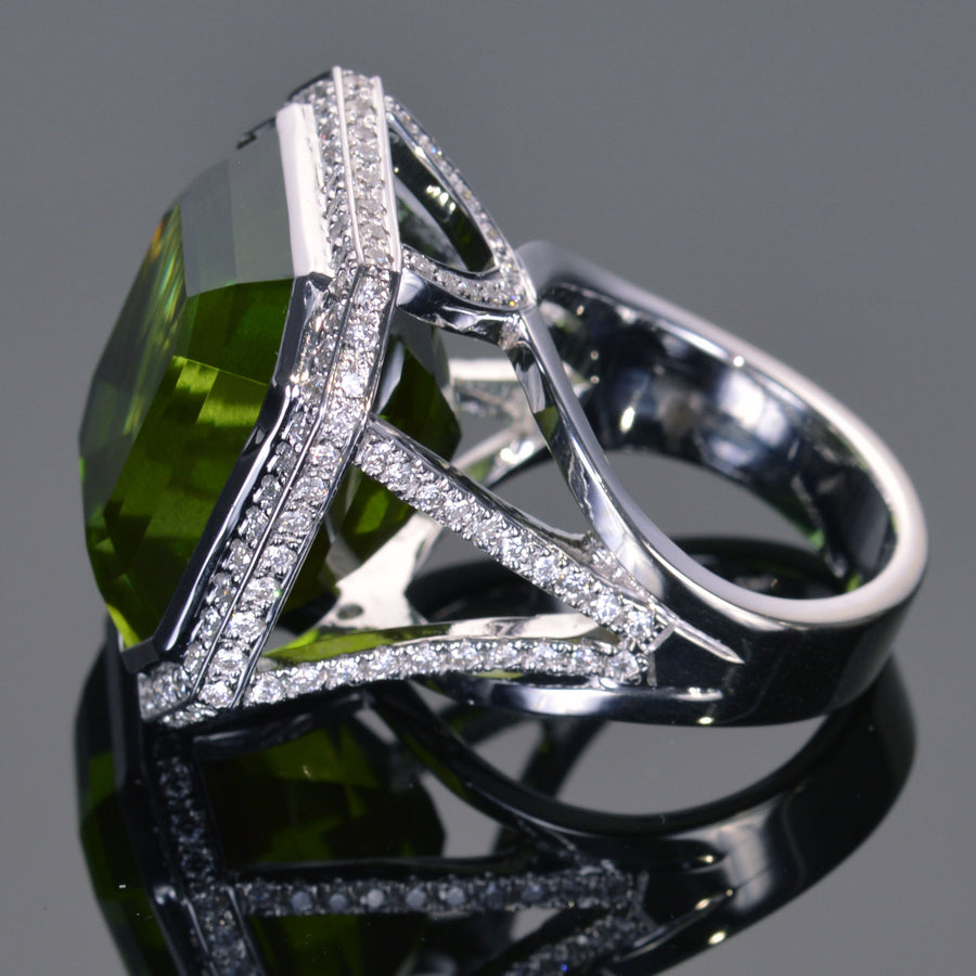LXV 43.81 Carat Peridot and Diamond Leo Ring