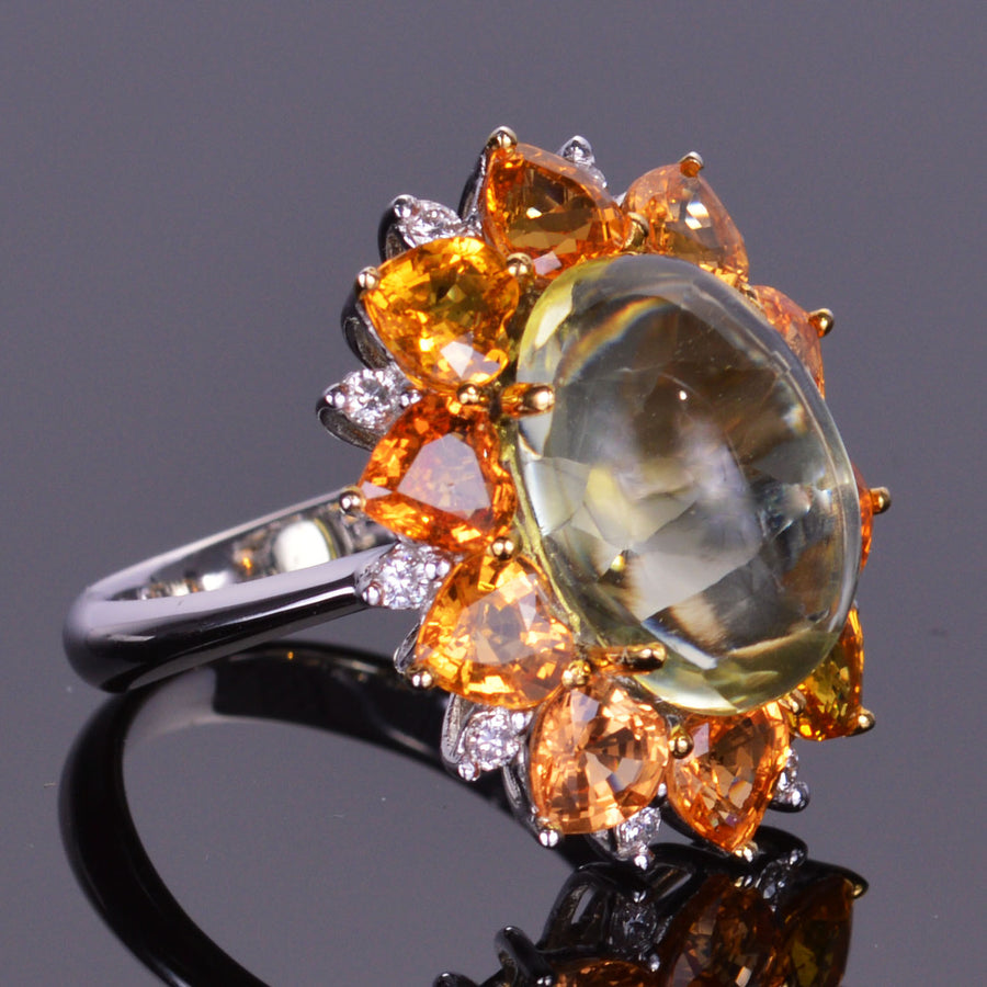 Sapphire Quartz and Diamond Sun Burst Ring