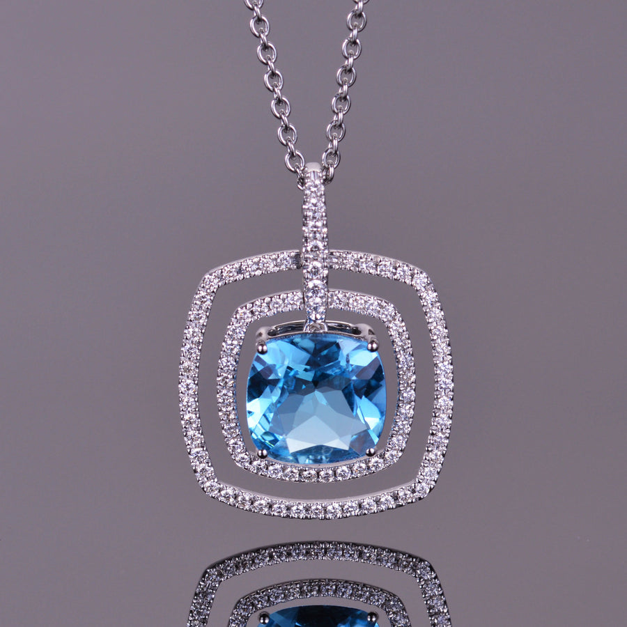 Blue Topaz and White Diamond Double Halo Pendant