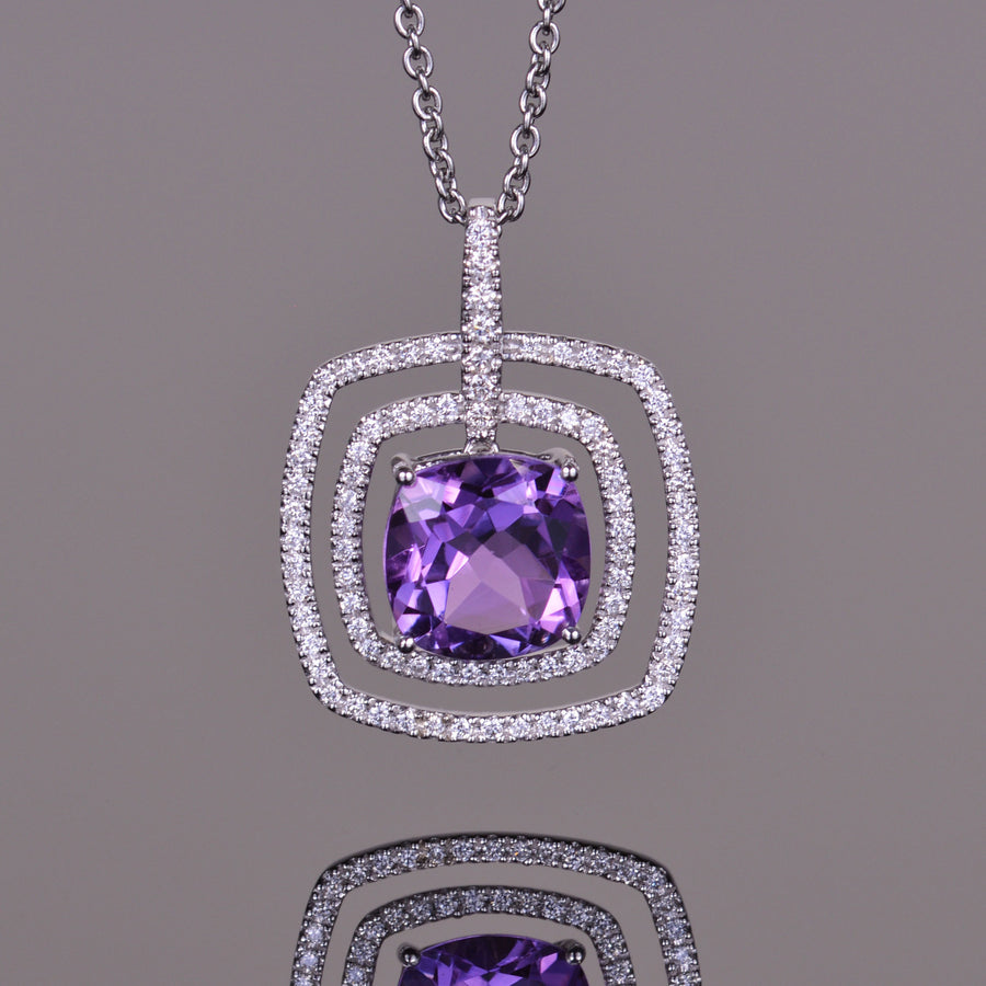 Amethyst and Diamond Double Halo Pendant