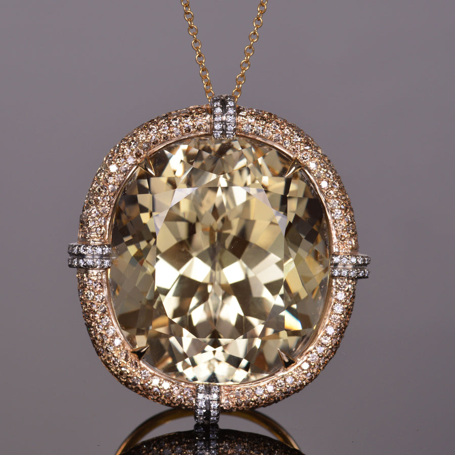 Golden Kunzite and Diamond Pendant