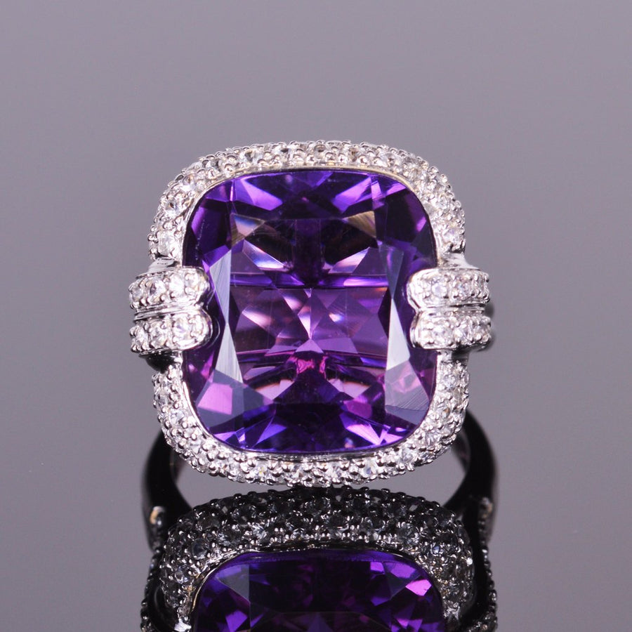 cushion amethyst ring with sapphire pave halo