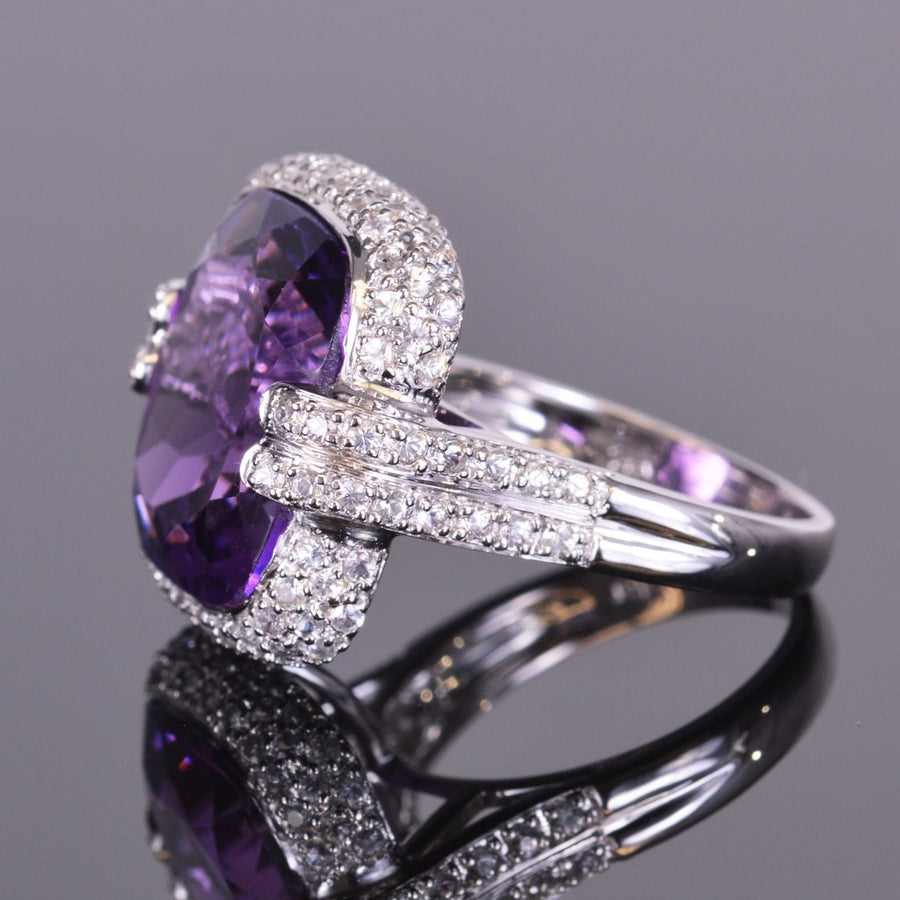 cushion amethyst ring with sapphire pave halo