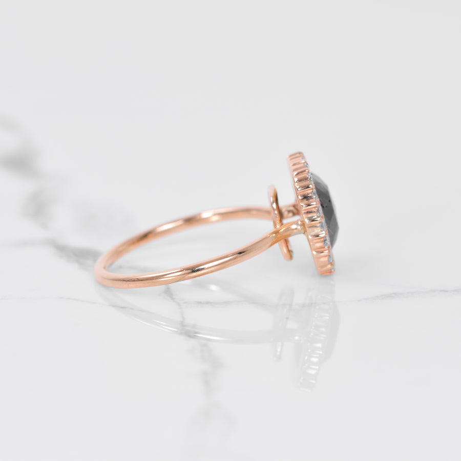 Black Diamond Ring with Diamond Scalloped Halo