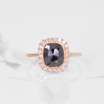 Black Diamond Ring with Diamond Scalloped Halo