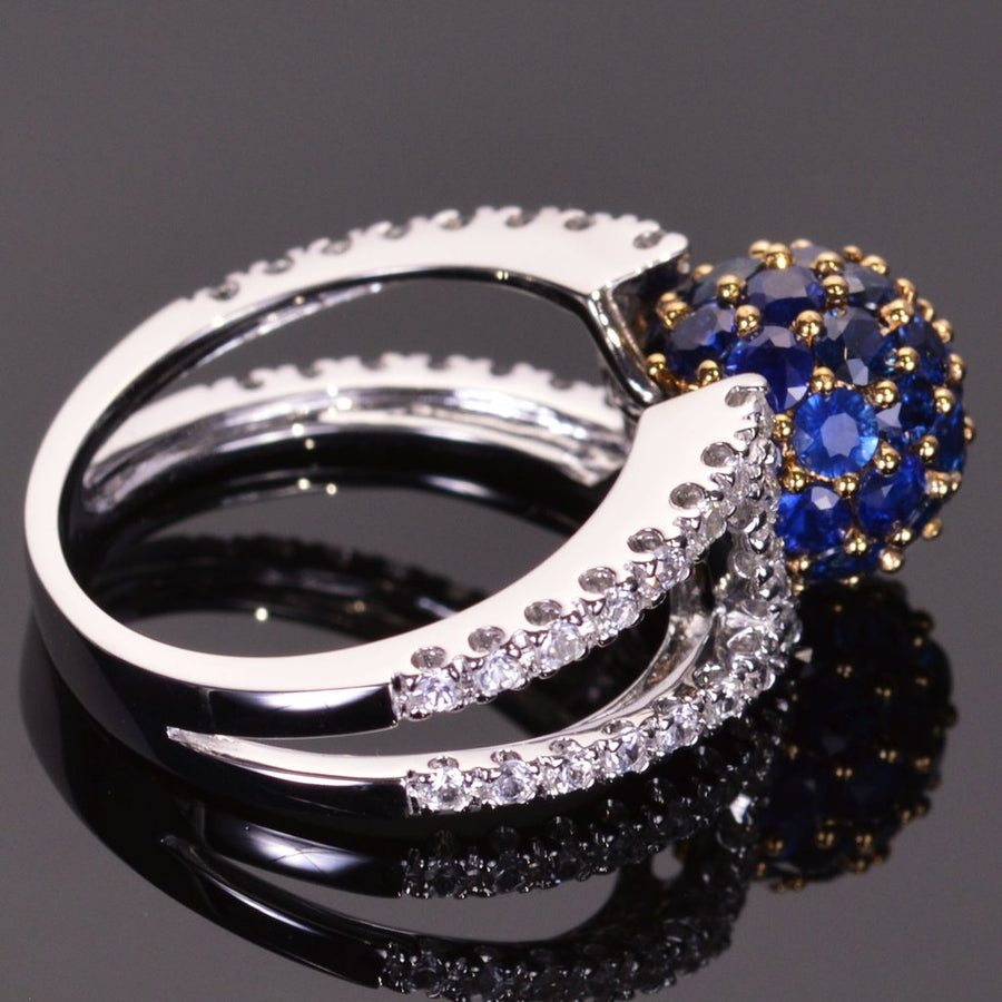 Blue sapphire sphere ring with white sapphire band in white gold