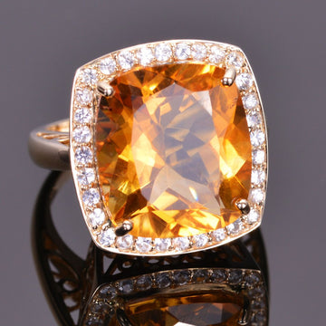 Cushion Cut Golden Citrine and White Sapphire Ring