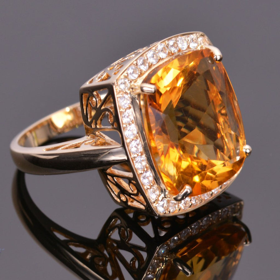 Cushion Cut Golden Citrine and White Sapphire Ring