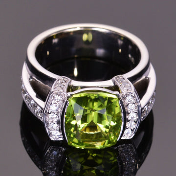 cushion peridot and diamond modern ring