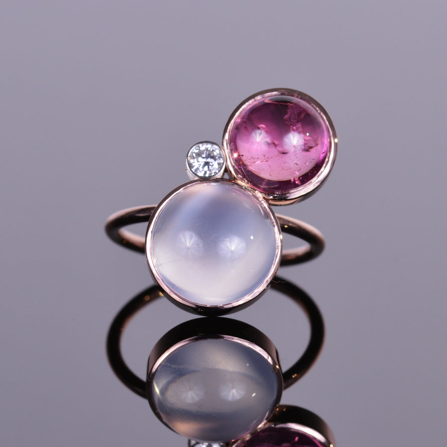 Moonstone, Rubellite, and Diamond Rose Gold Ring