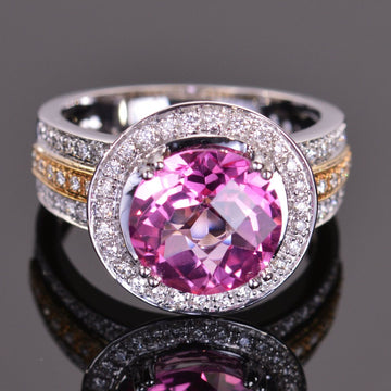 round pink topaz and diamond ring in white and yellow gold