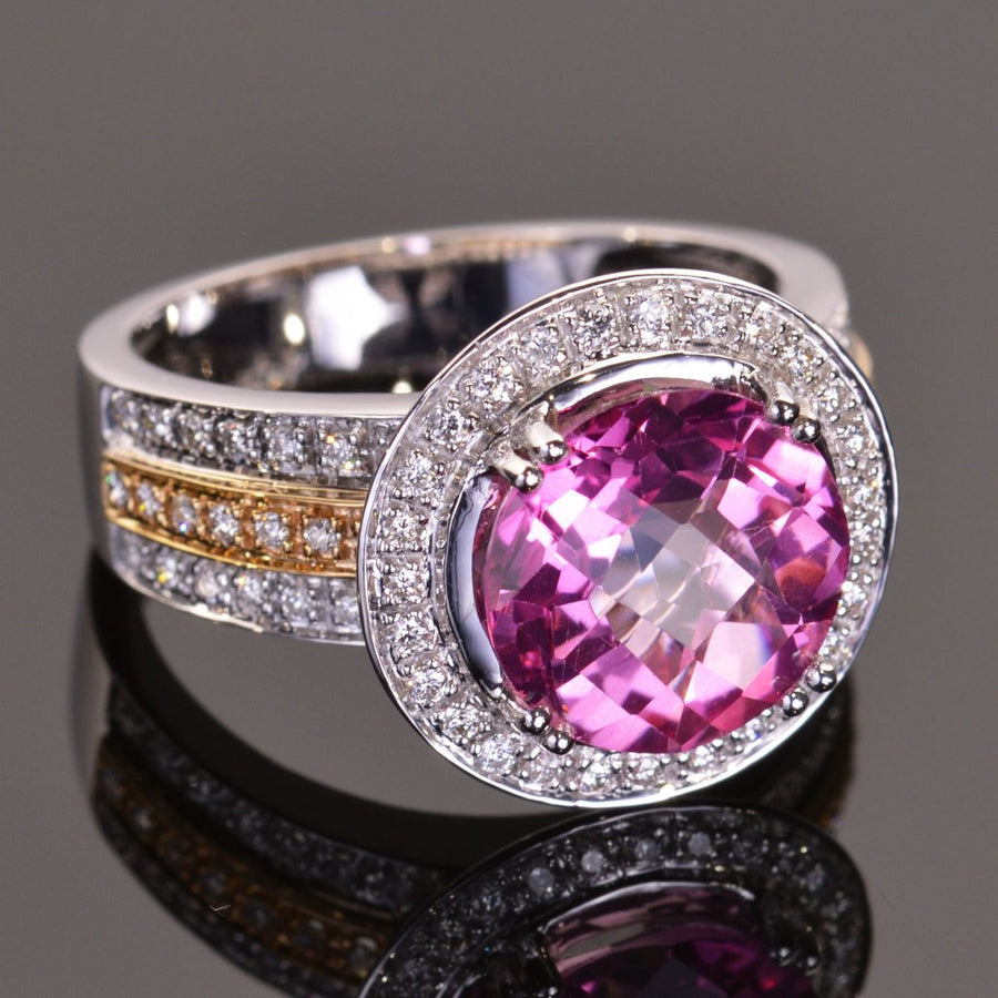 round pink topaz and diamond ring in white and yellow gold