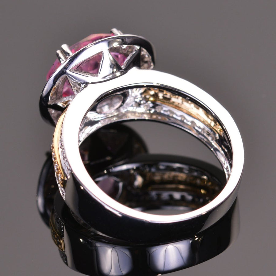 round pink topaz and diamond ring in white and yellow gold