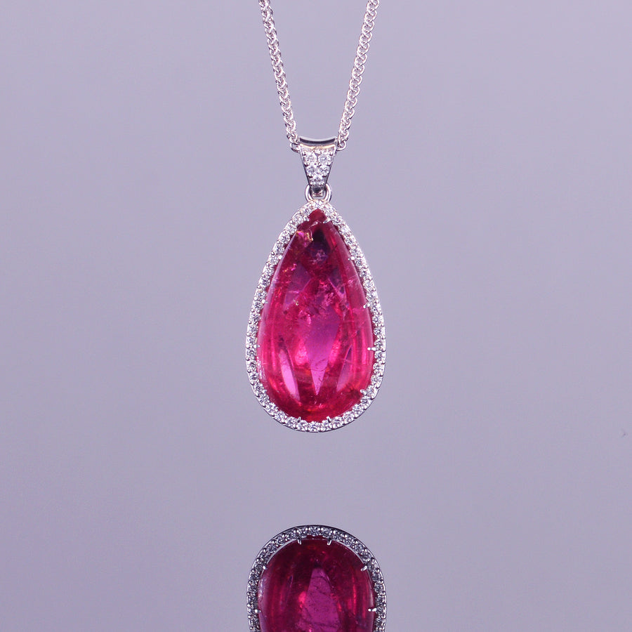 Pear Cabochon Rubellite and Diamond Pendant