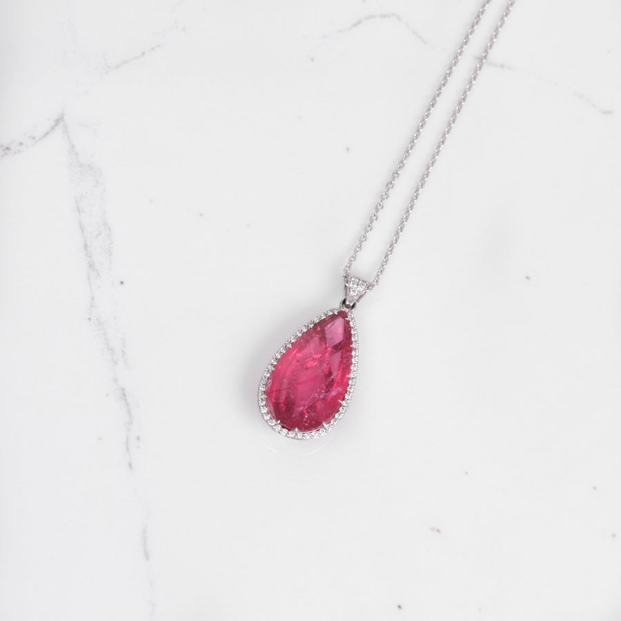 Pear Cabochon Rubellite and Diamond Pendant